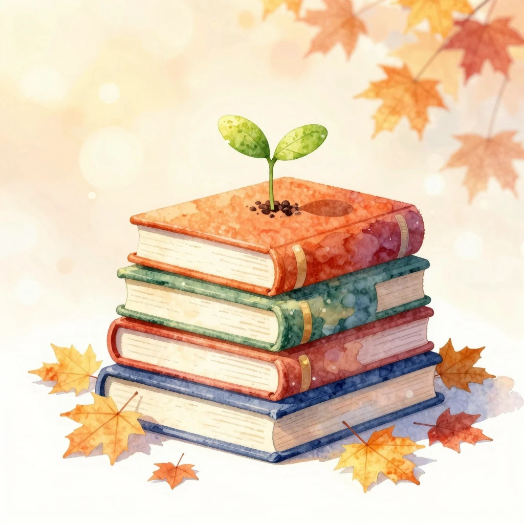 Watercolor style illustration of a stack of colorful books w...