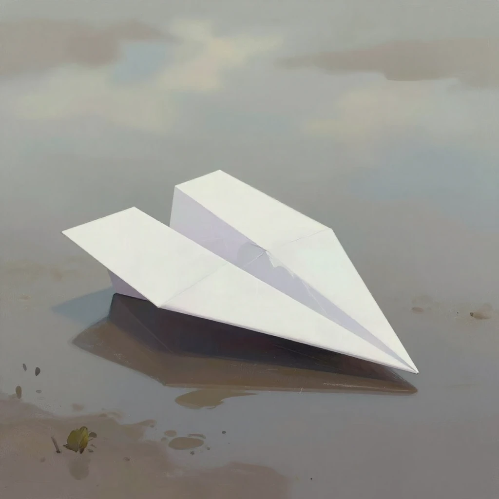 An artistic illustration of a crumpled paper airplane restin...