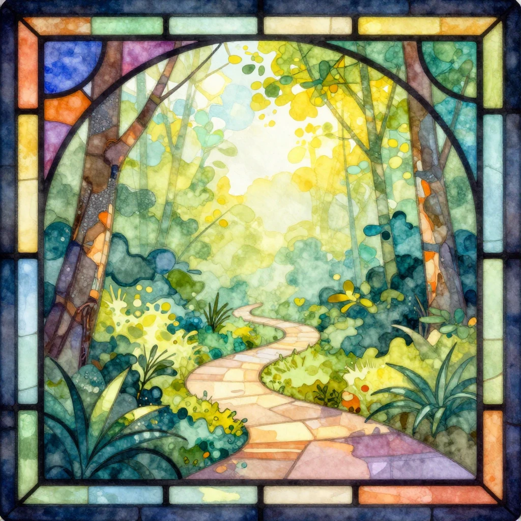 A vibrant, abstract watercolor illustration in a stained-gla...