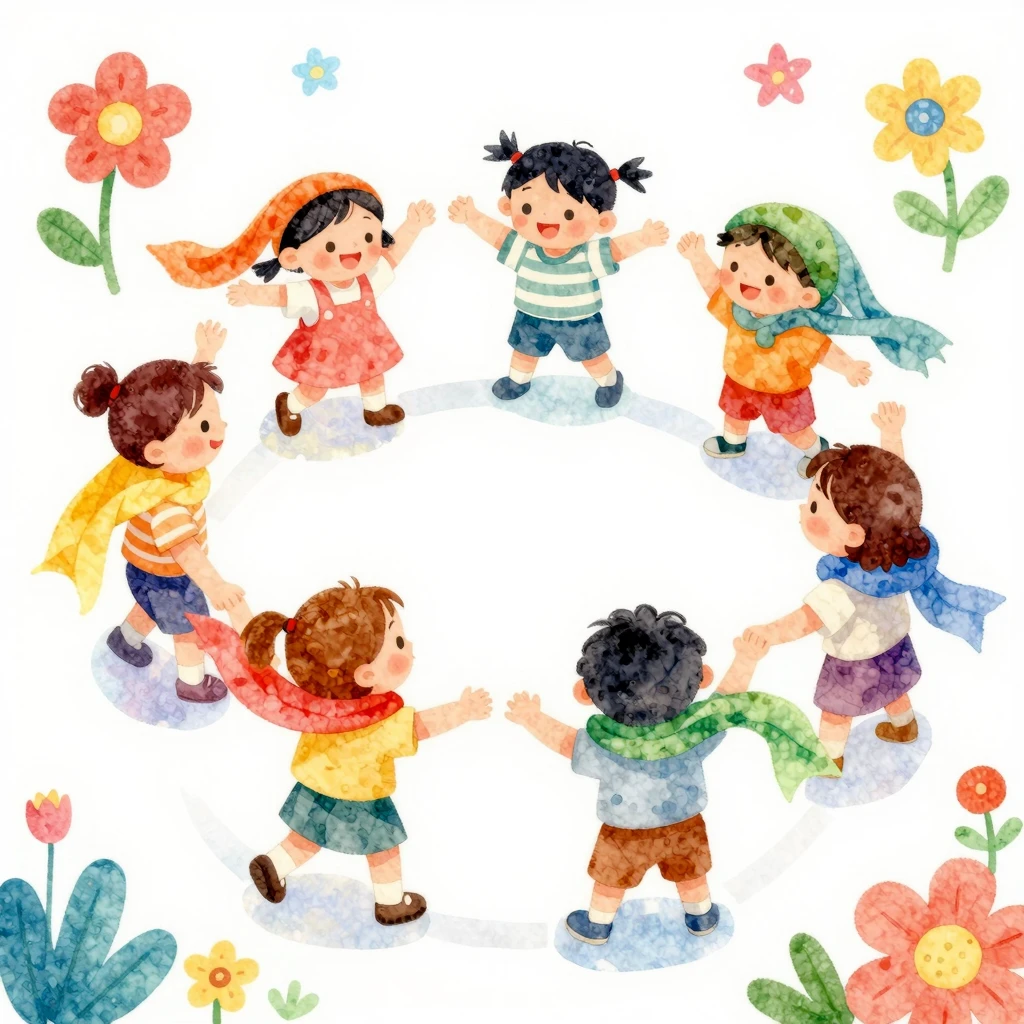 Vibrant watercolor style. Children dancing in a circle, hold...
