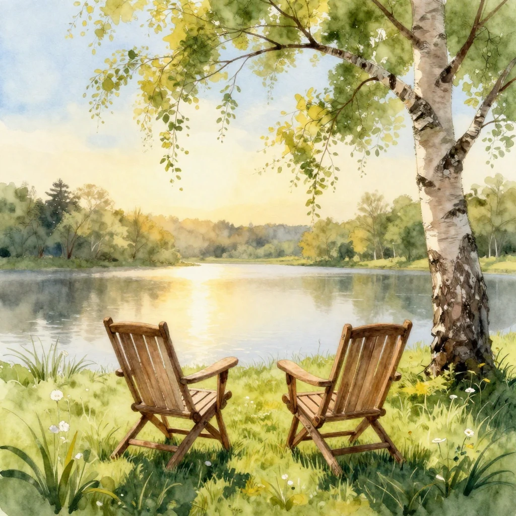 A watercolor painting featuring two rustic wooden garden cha...