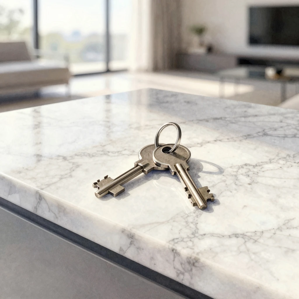 Watercolor of polished marble surface with elegant metal key...