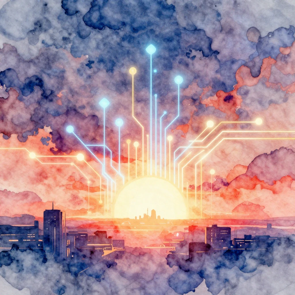 A watercolor style abstract digital sunrise, with glowing ge...