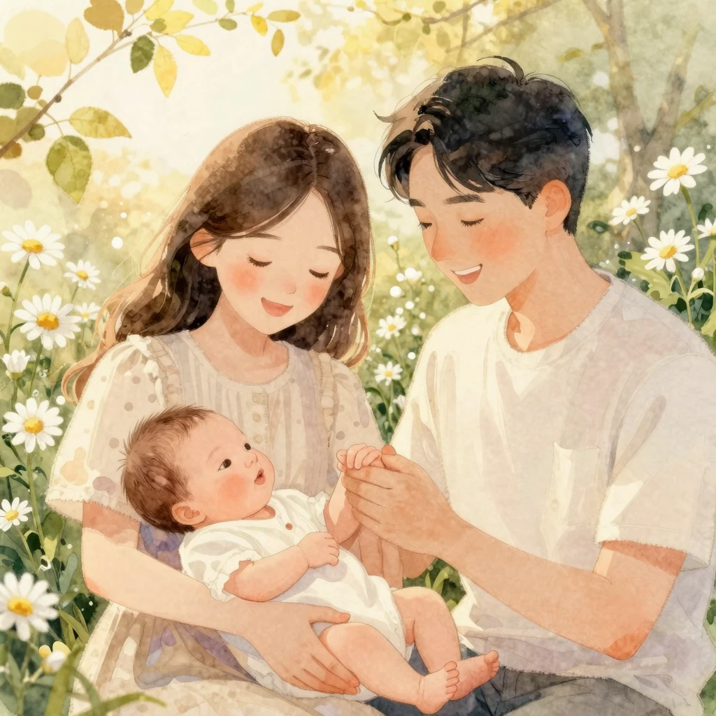 A watercolor painting of a happy family holding a newborn ba...