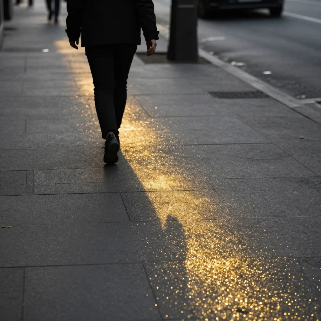 A person's silhouette walks on a muted urban sidewalk, leavi...