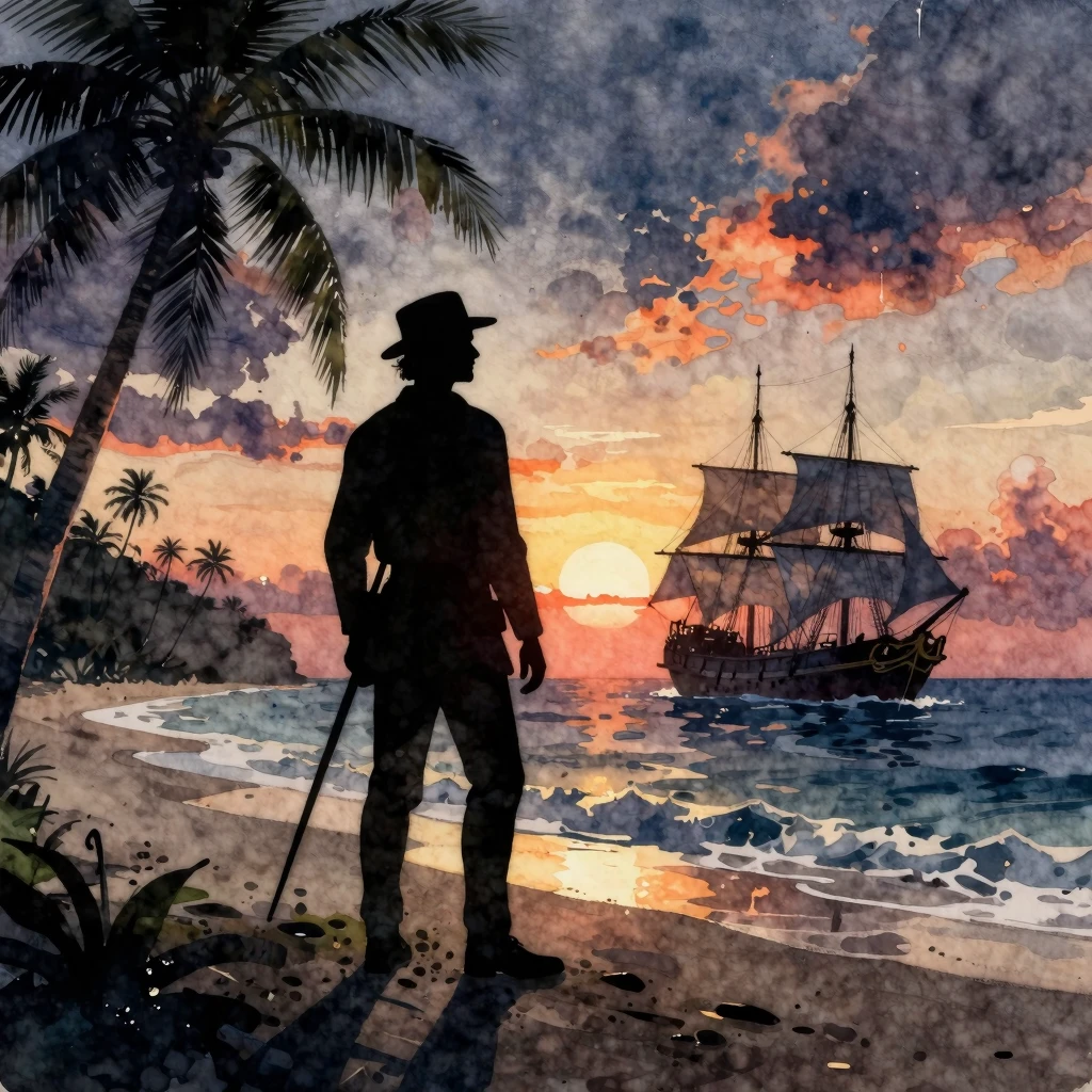 Watercolor style. Silhouette of a 19th-century explorer stan...