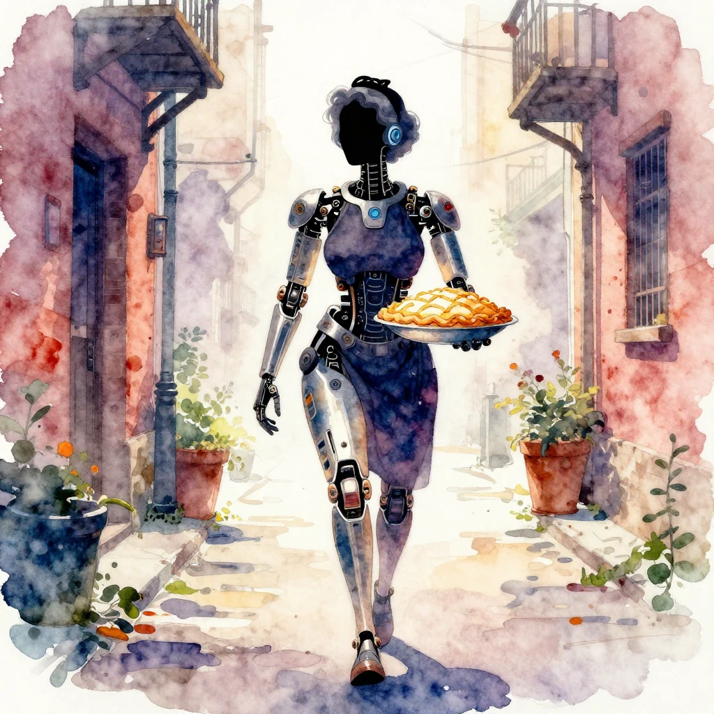 Vibrant watercolor style. Cybernetic grandma silhouette, bak...