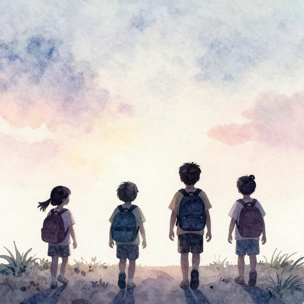Watercolor painting of silhouettes of small children with ba...