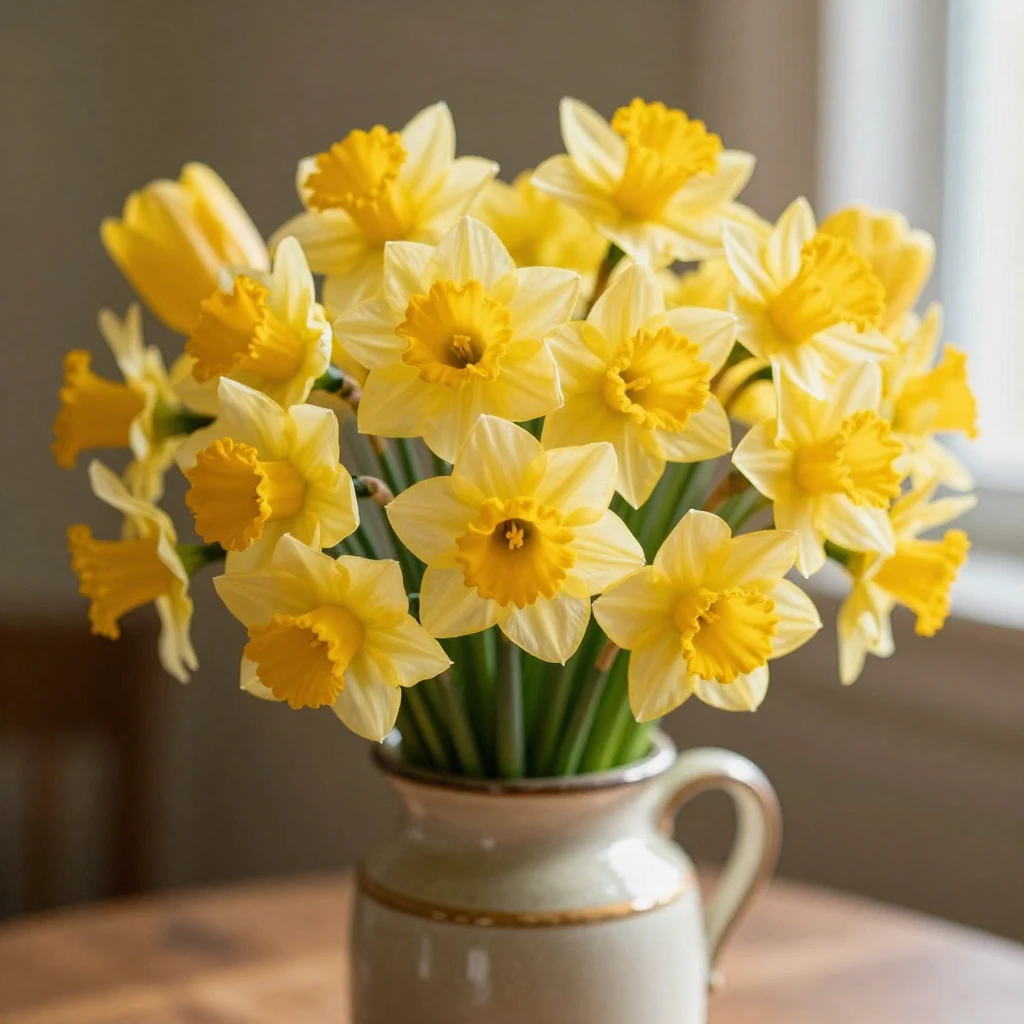 A vibrant bouquet of yellow daffodils and tulips arranged de...
