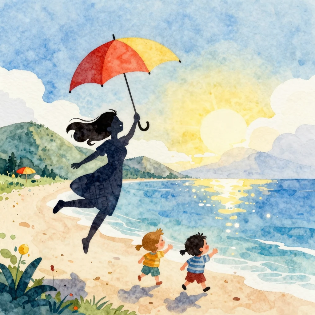 Watercolor painting of a silhouette of a cheerful woman flyi...