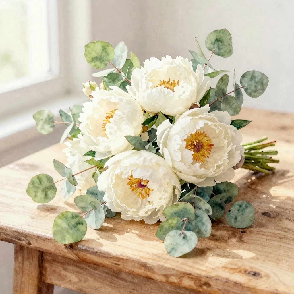 Watercolor style painting of a delicate wedding bouquet with...