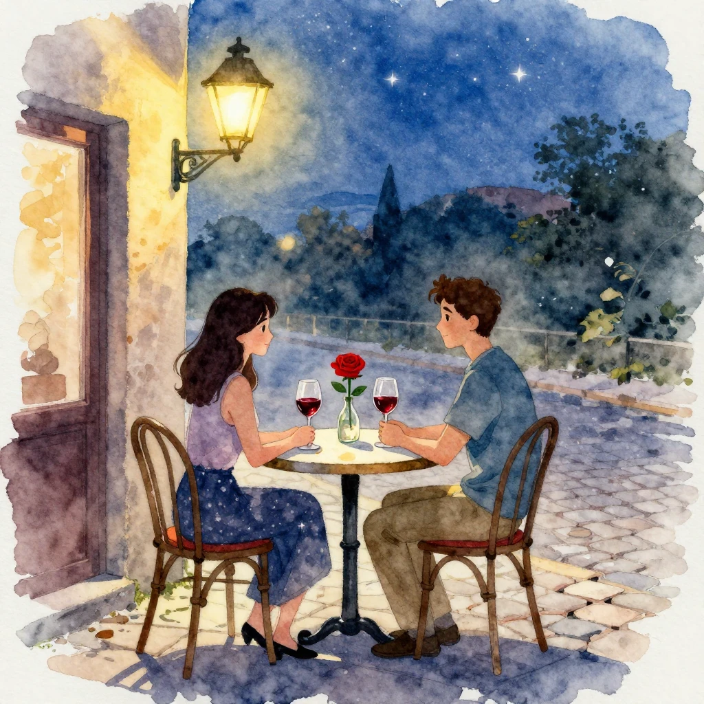 A romantic watercolor painting of a small cafe table set for...