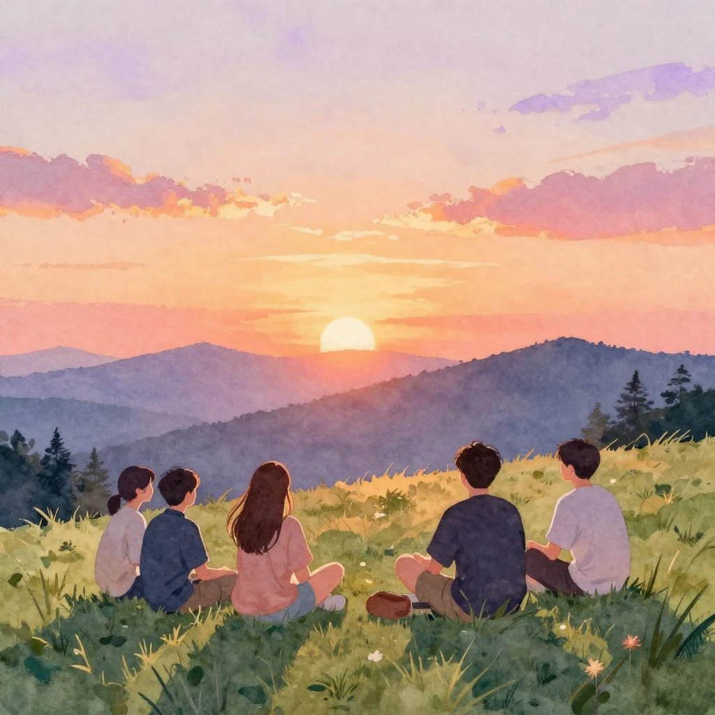 A beautiful watercolor painting of a group of friends sittin...