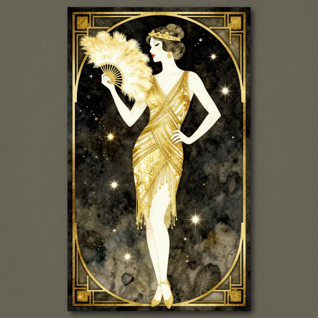 Art Deco style poster, elegant silhouette of a woman in a fl...
