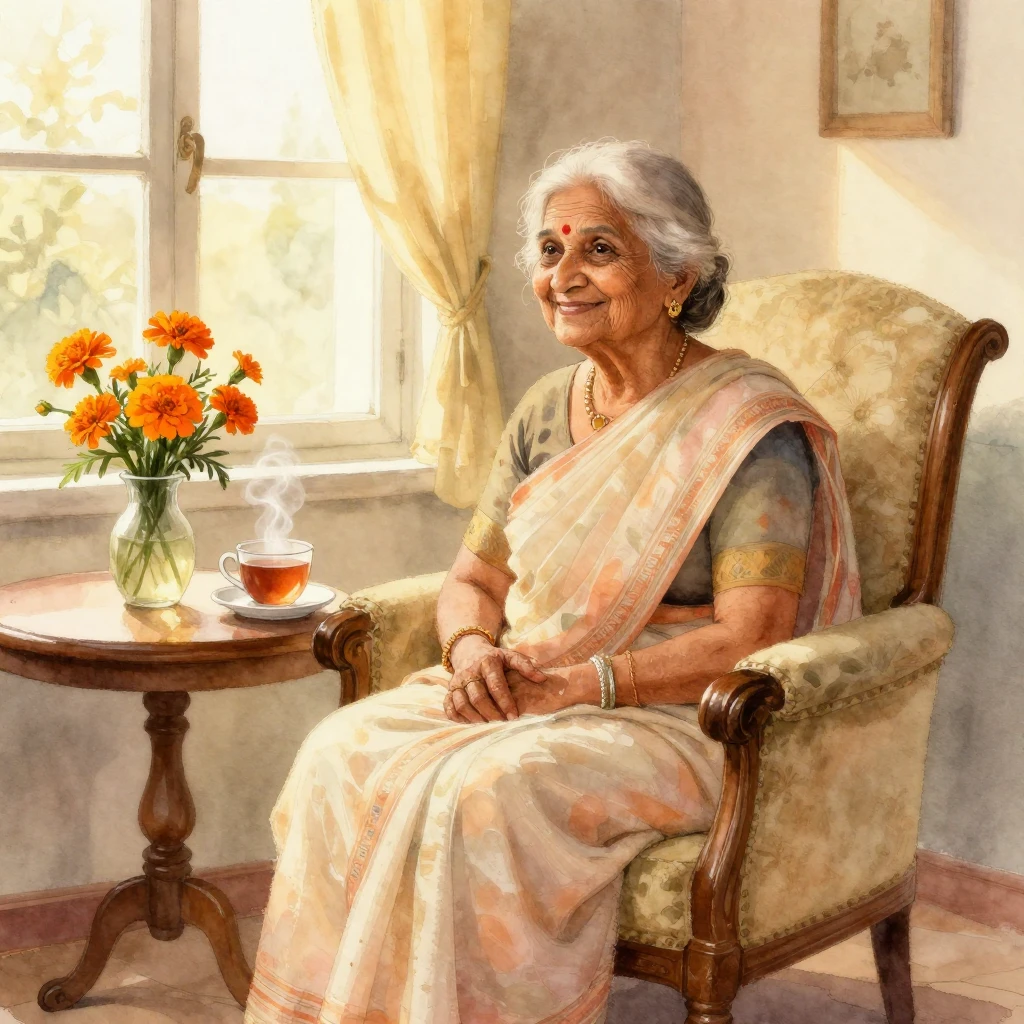 A heartwarming watercolor illustration of a gentle elderly I...