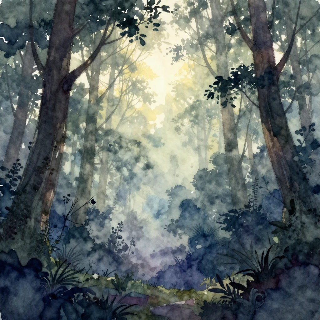 A fantastical and dreamy forest scene rendered in watercolor...