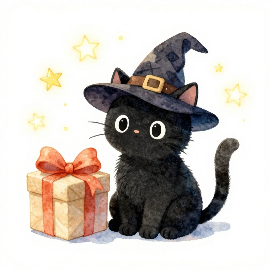 A whimsical watercolor painting of a cute black cat wearing ...