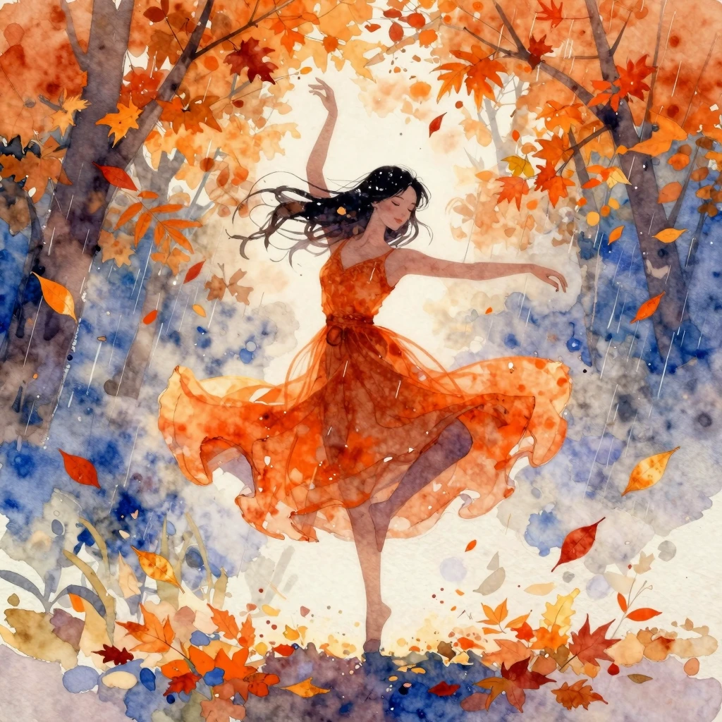 Vibrant watercolor painting of an autumn woman dancing grace...