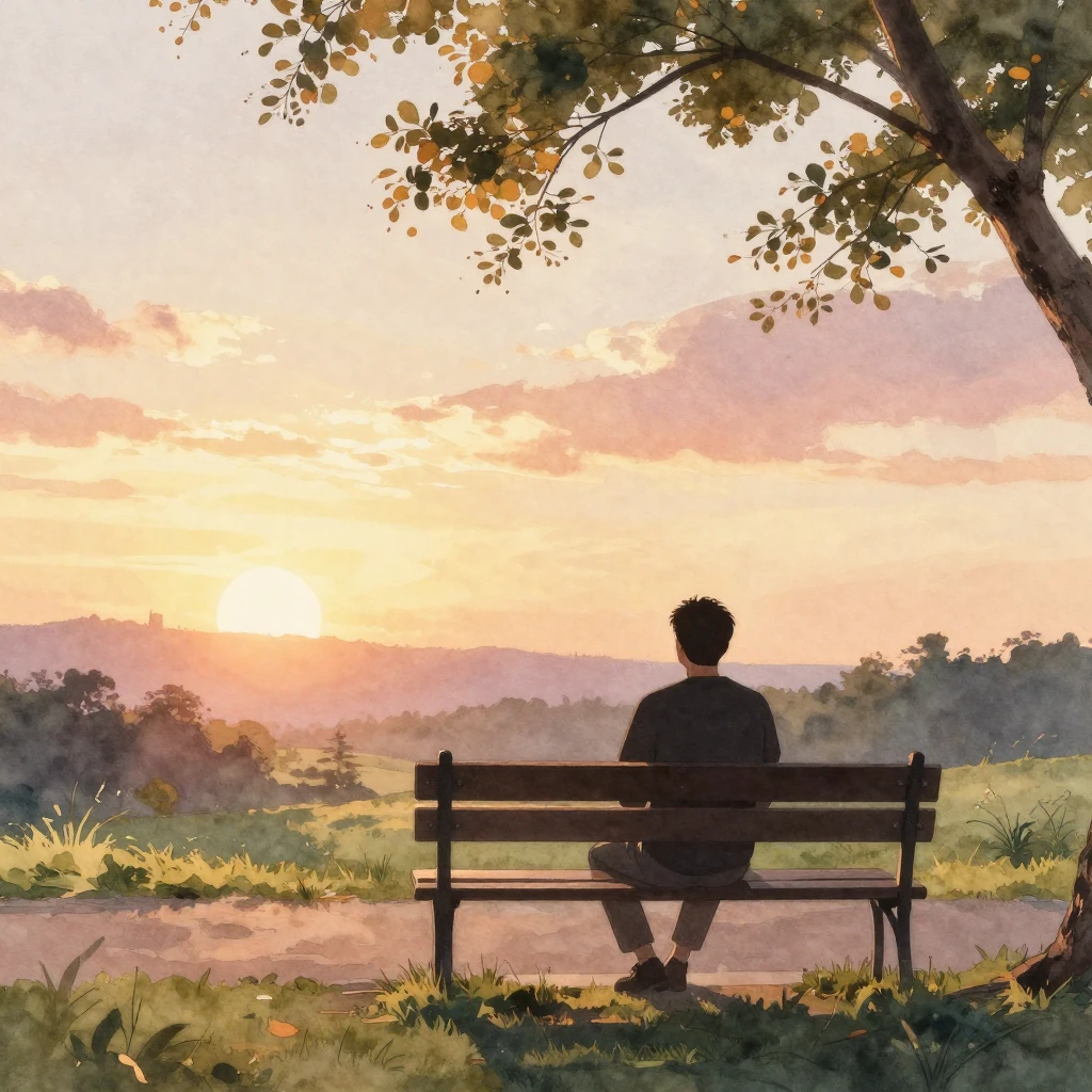 A silhouette of a man sitting on a park bench, looking out a...