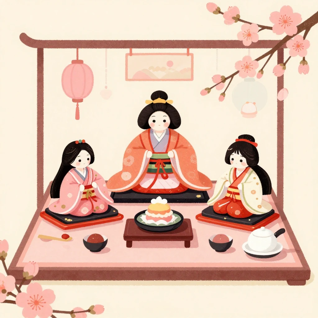 A whimsical illustration of a traditional Hina Matsuri displ...