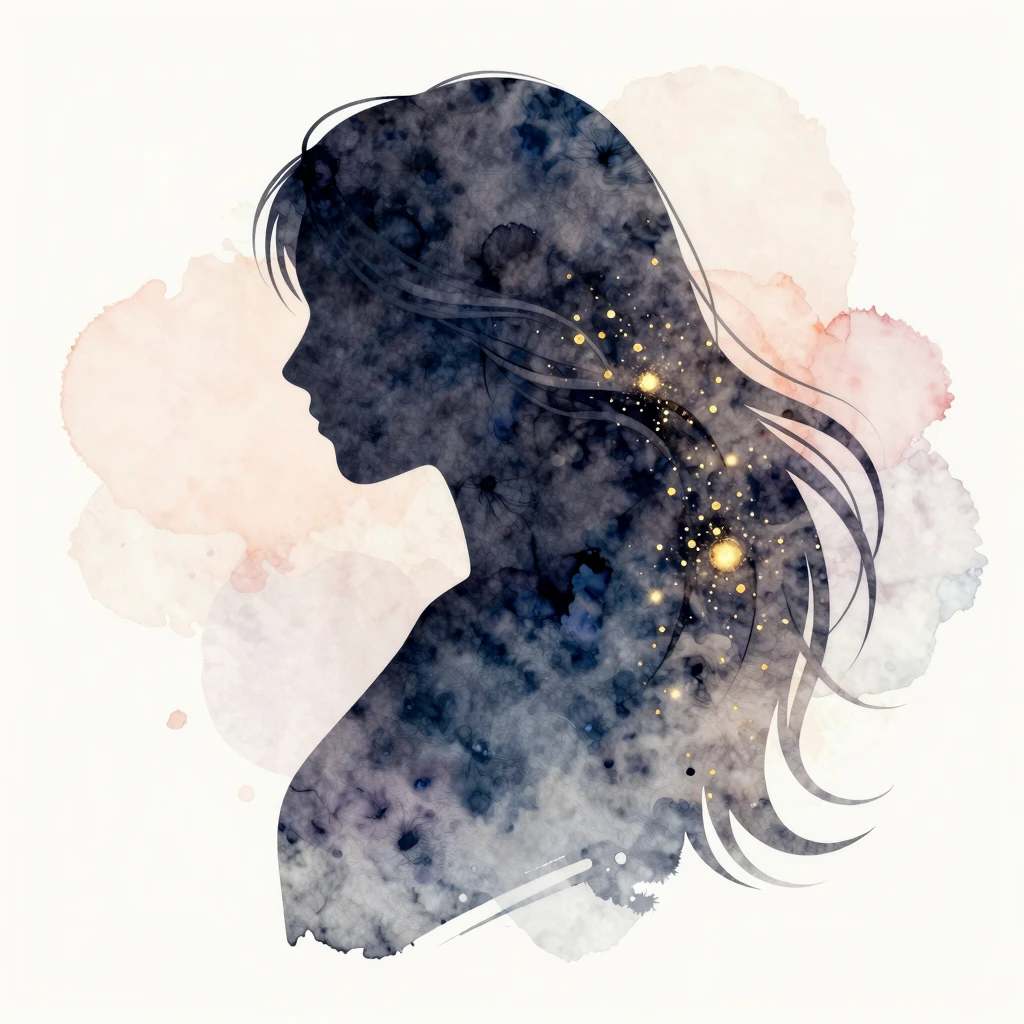 Watercolor style abstract silhouette of a person with long f...