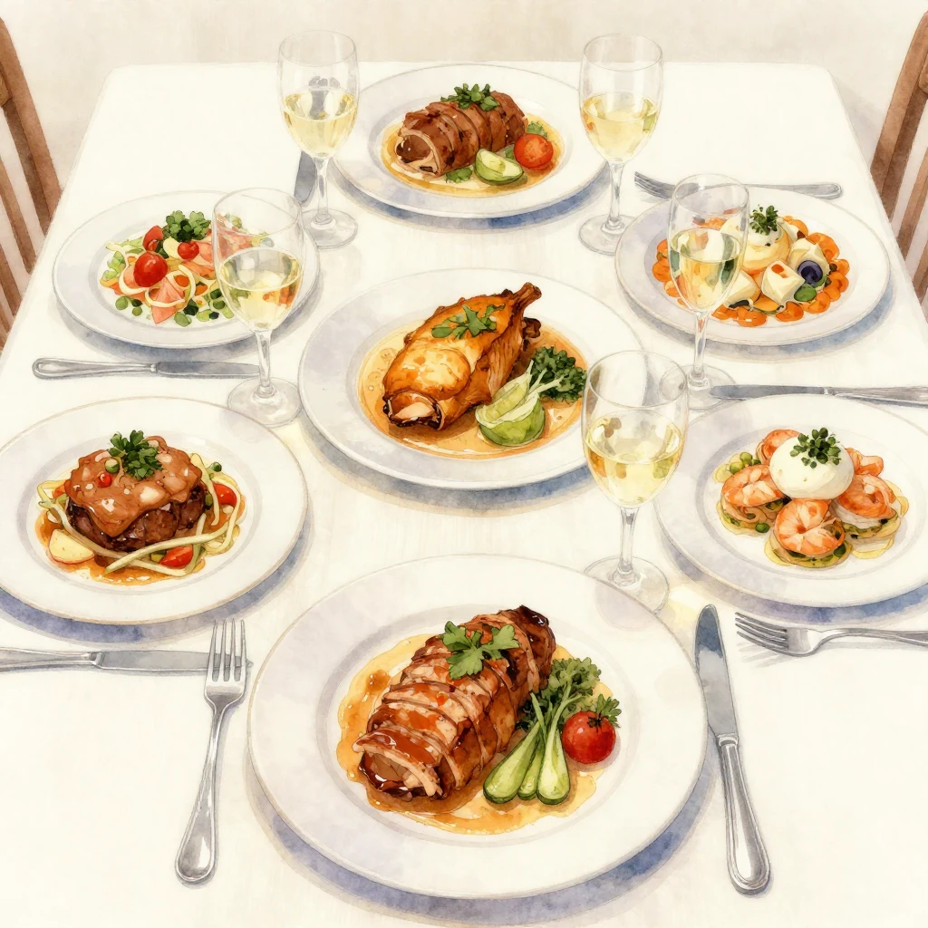 A beautifully set dinner table with various dishes, includin...