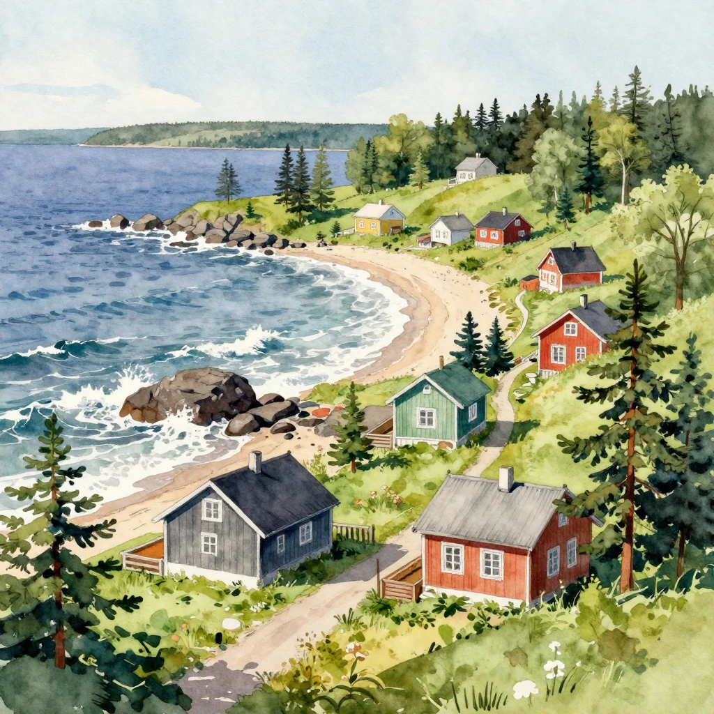 A vibrant watercolor painting of a picturesque Karelian vill...
