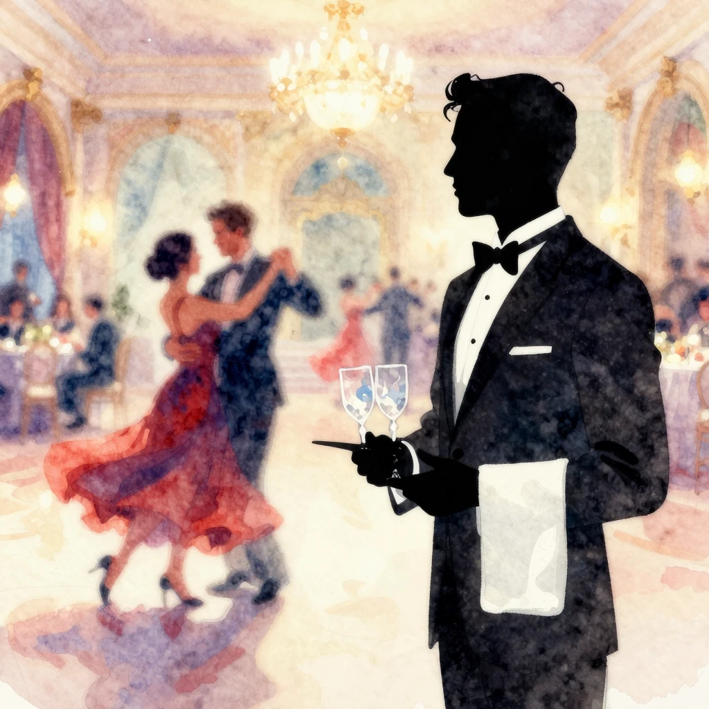 Vibrant watercolor style. Elegant silhouette of a waiter in ...