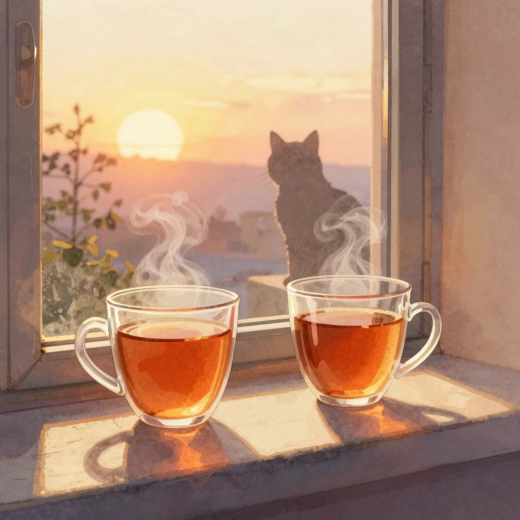 A watercolor digital art illustration of two warm mugs of te...