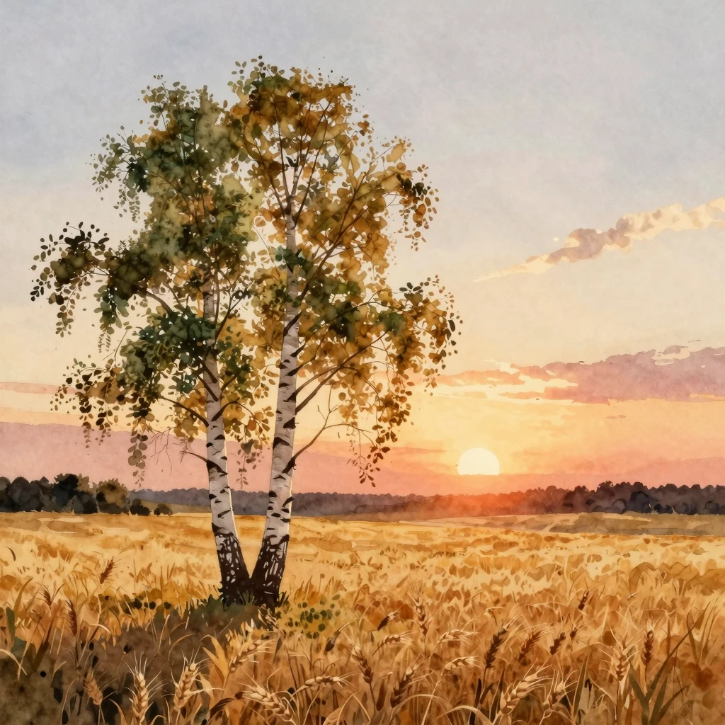 Watercolor painting of a lonely birch tree in foreground, go...
