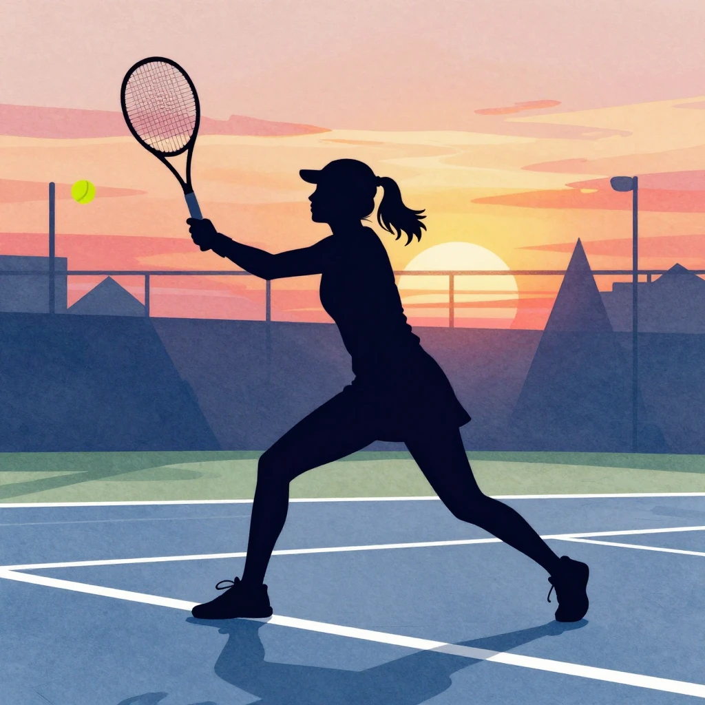 Watercolor style minimalist silhouette of a female tennis pl...