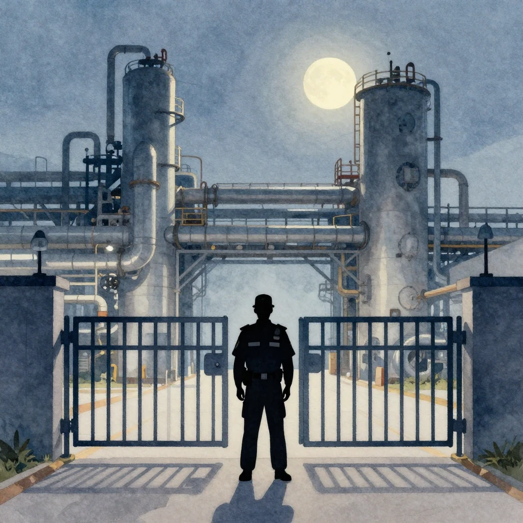 A dark silhouette of a security guard standing at a large in...