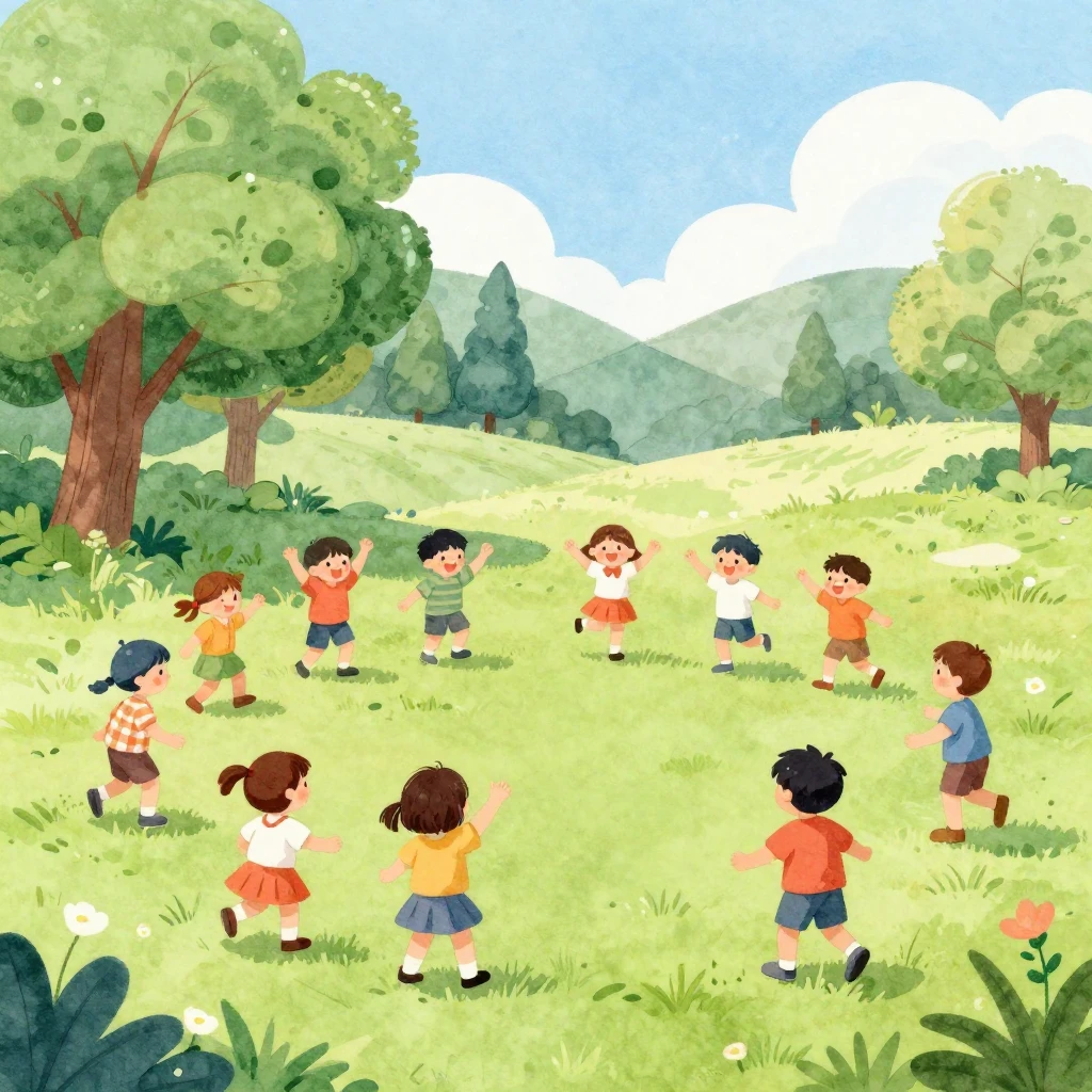 A vibrant watercolor illustration of children happily playin...