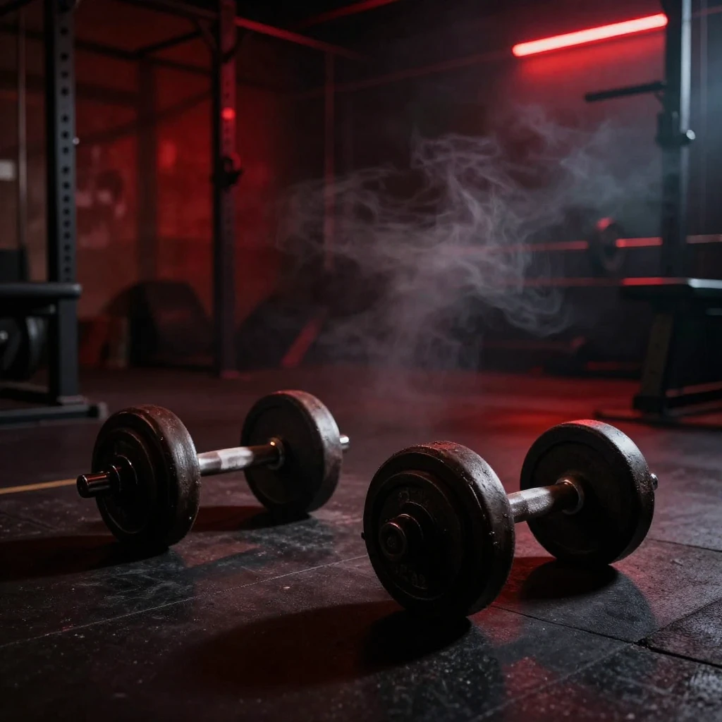 A dark, gritty gym interior with heavy iron dumbbells on the...
