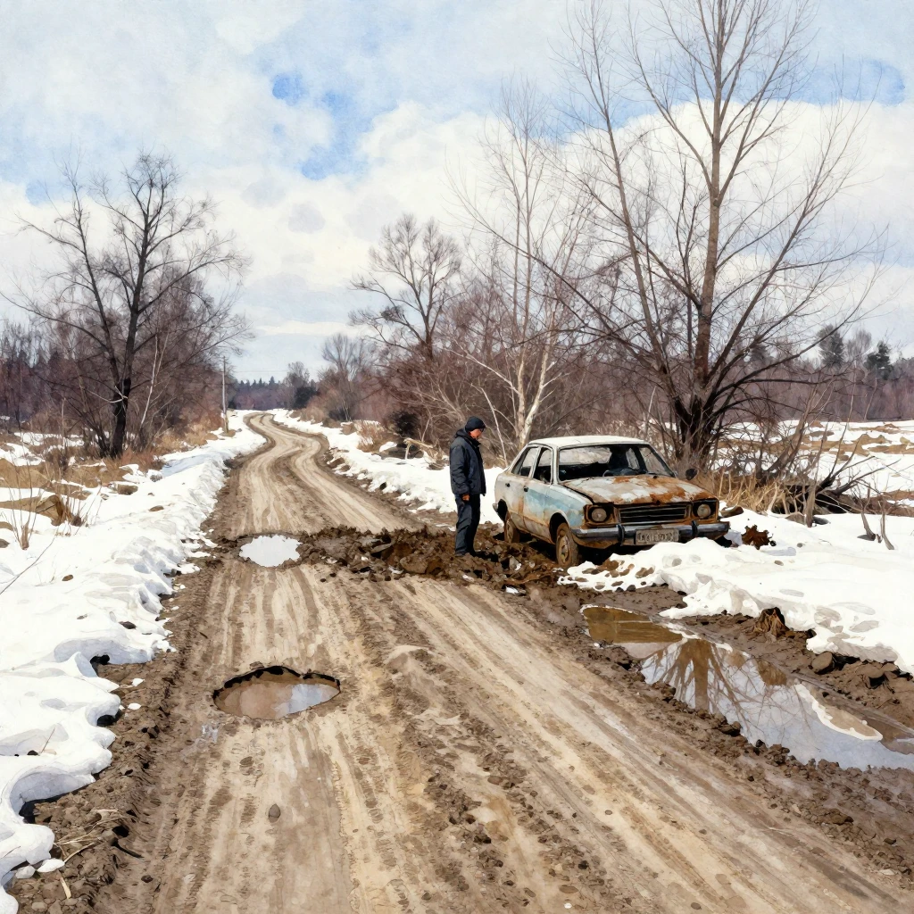 A rural Russian landscape in early spring. Melting snow, mud...