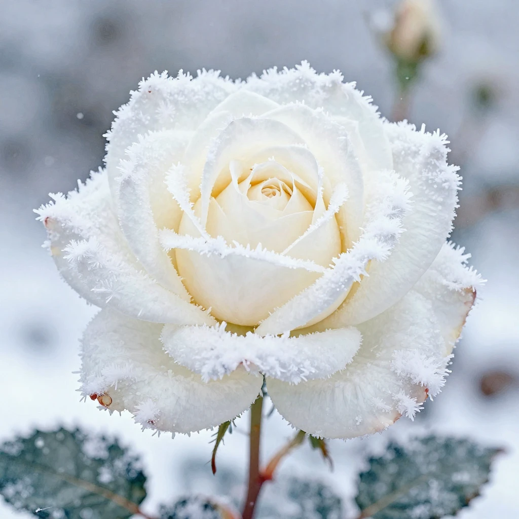 A close-up of a single white rose, covered in intricate fros...