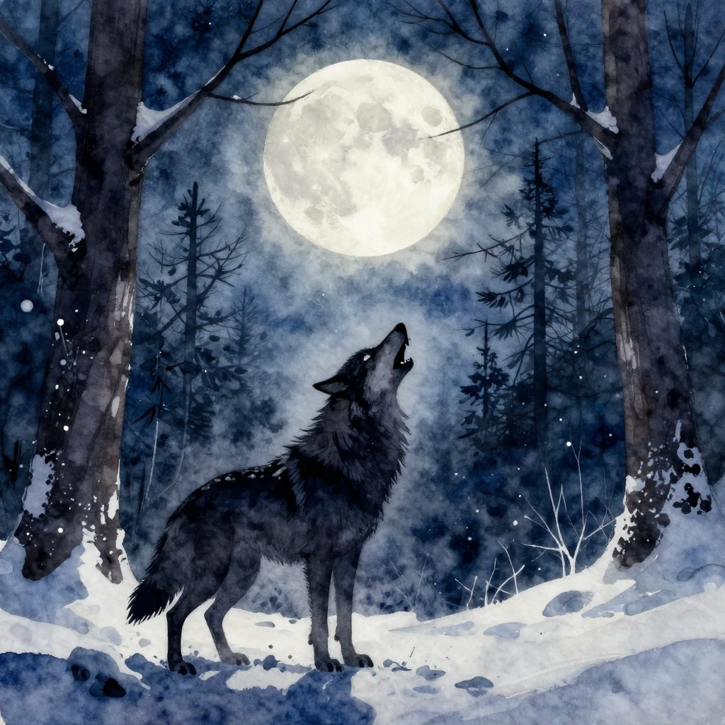 Vibrant watercolor style. A dark, snowy forest under a full ...