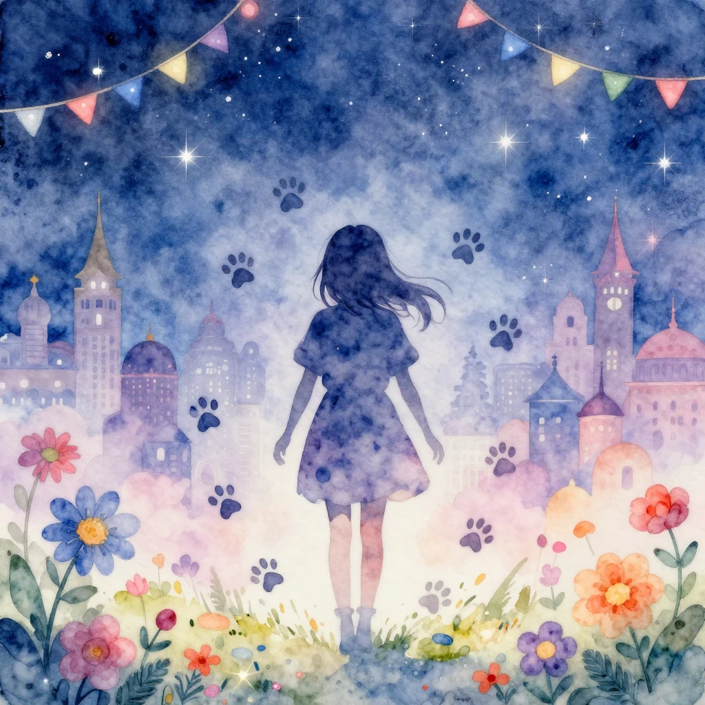 Watercolor illustration of a teenage girl silhouette surroun...