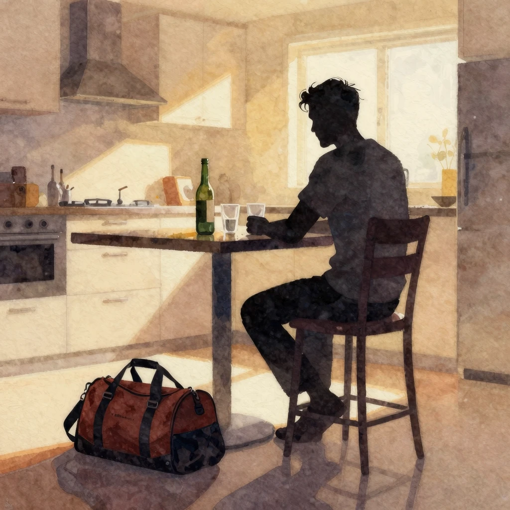 Watercolor style. A silhouette of a man sitting at a kitchen...