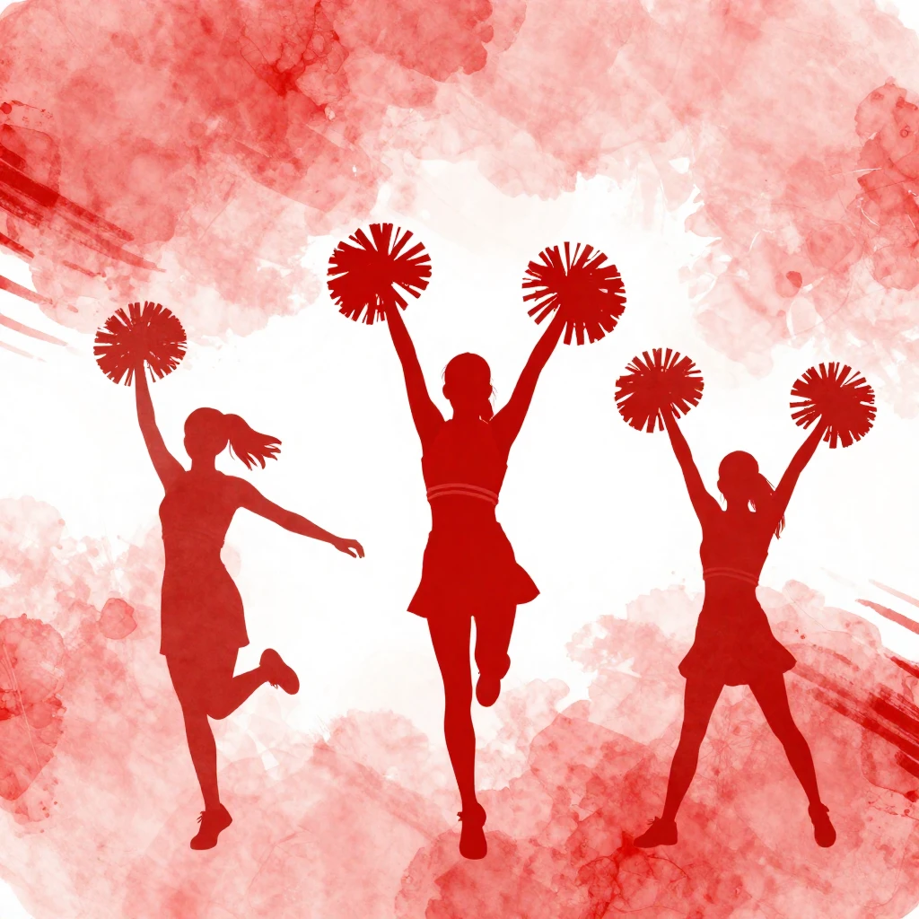 Silhouettes of cheerleaders with pom-poms in a dynamic pose,...