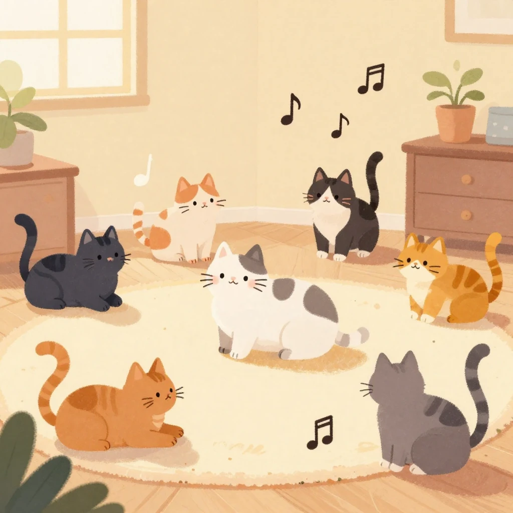 A whimsical illustration of various cats playing and relaxin...