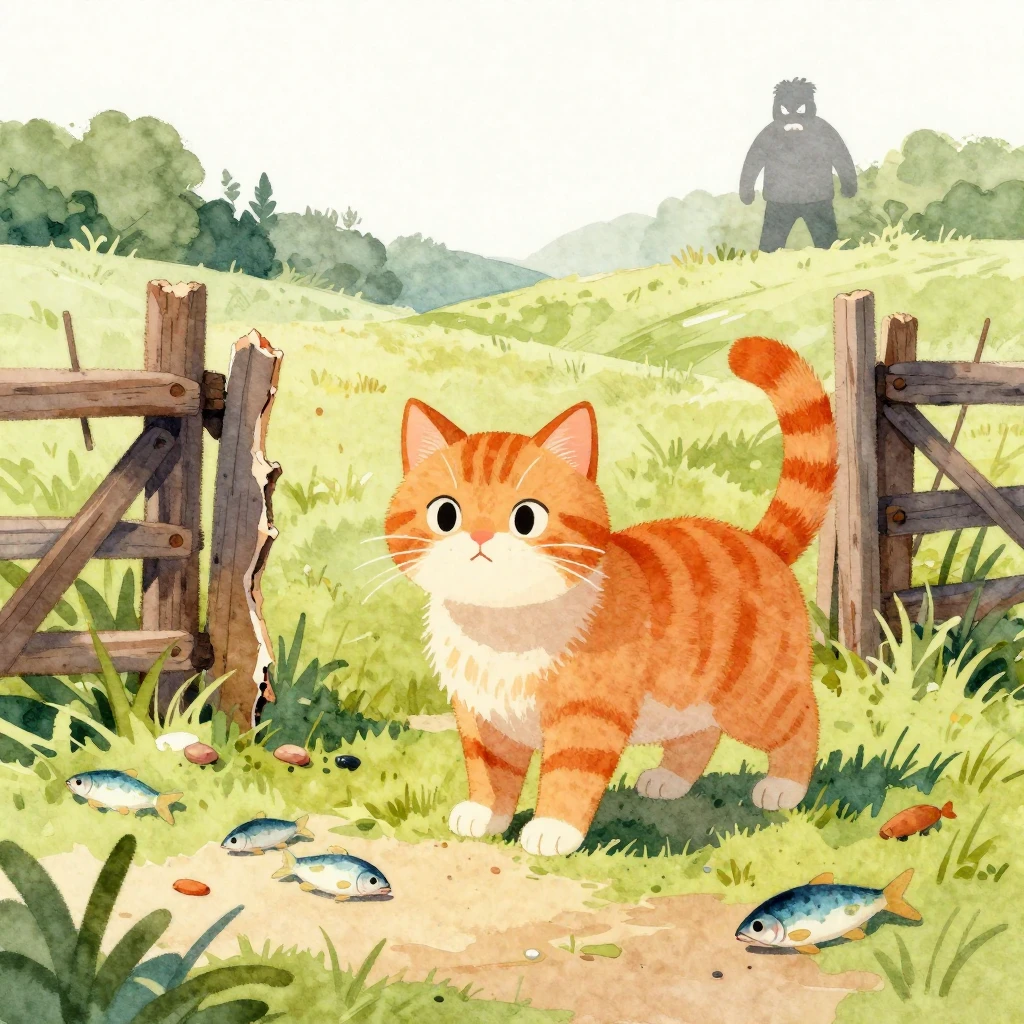 A mischievous ginger cat in a rural setting, surrounded by b...