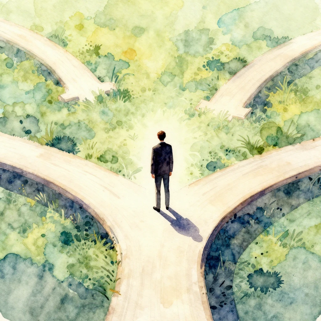 A lone figure standing at a symbolic crossroads, with multip...