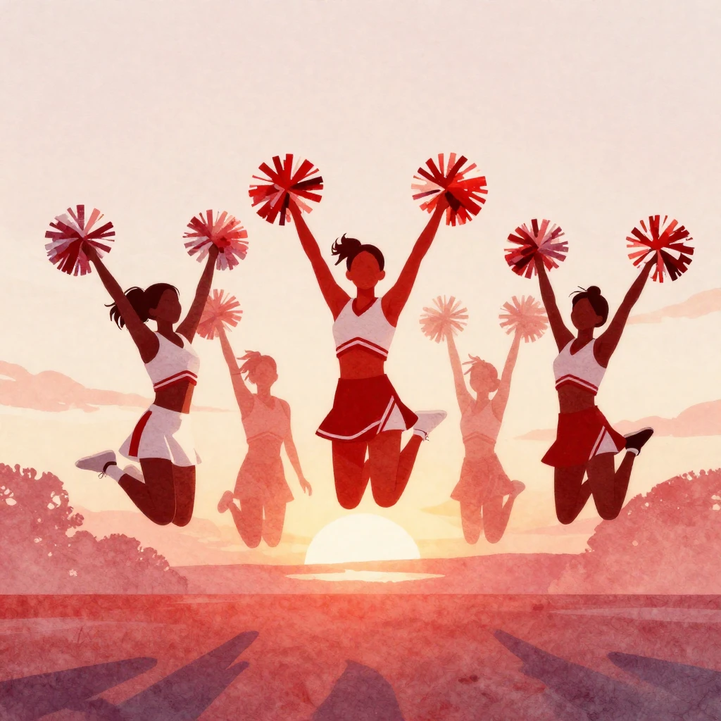Watercolor illustration of cheerleaders in dynamic poses, ju...