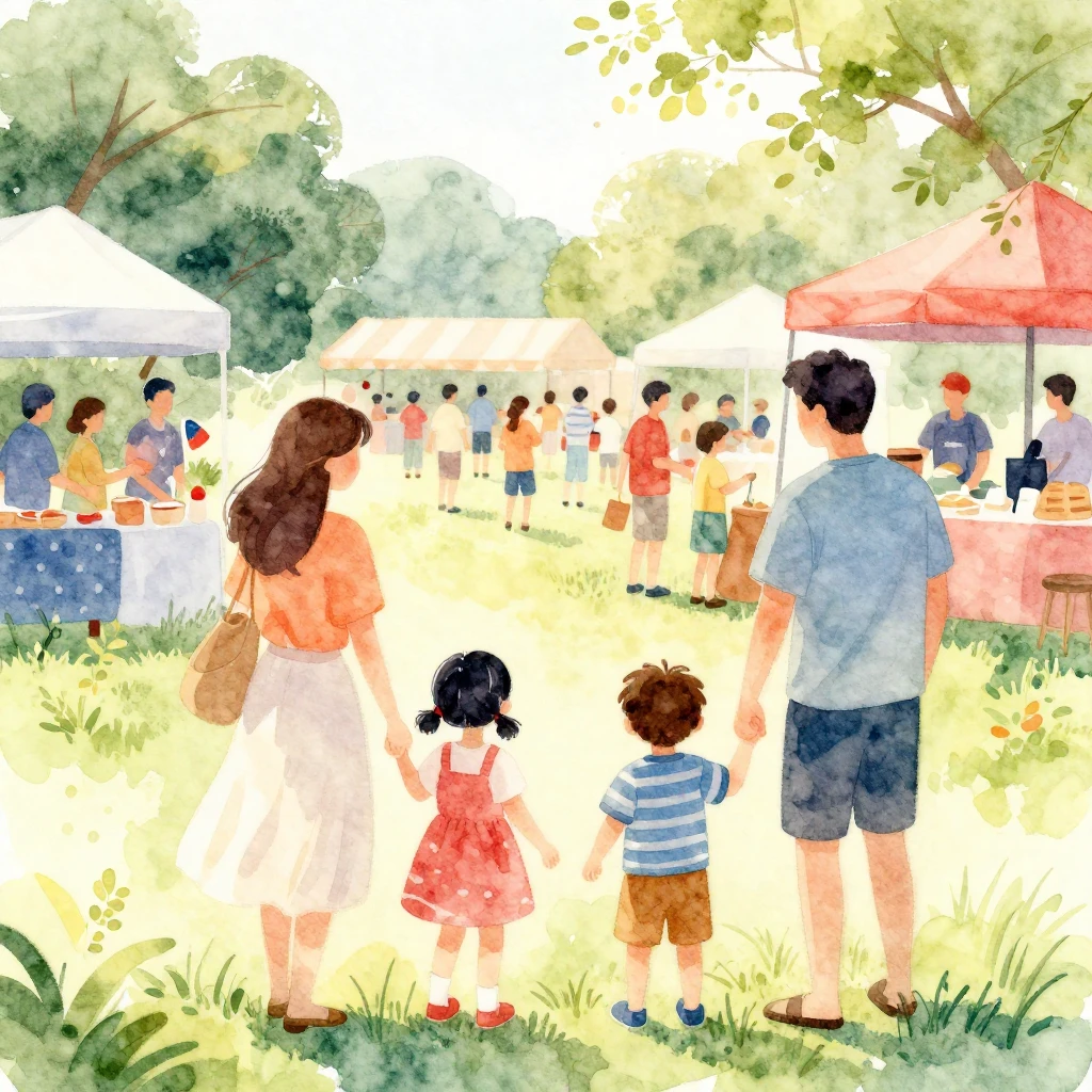 A vibrant watercolor illustration of a lively outdoor event,...