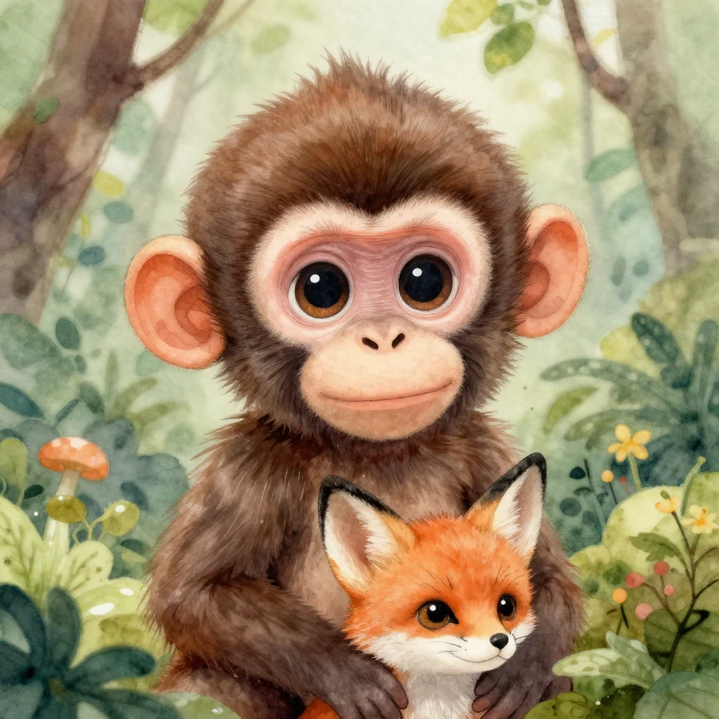 A whimsical watercolor painting of a curious baby animal (e....