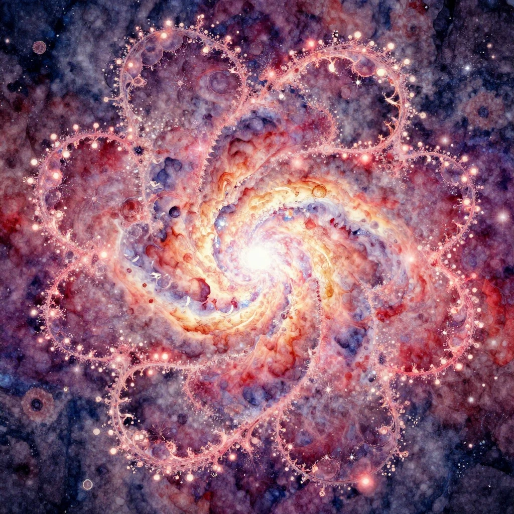 A vibrant watercolor painting depicting intricate, fractal p...