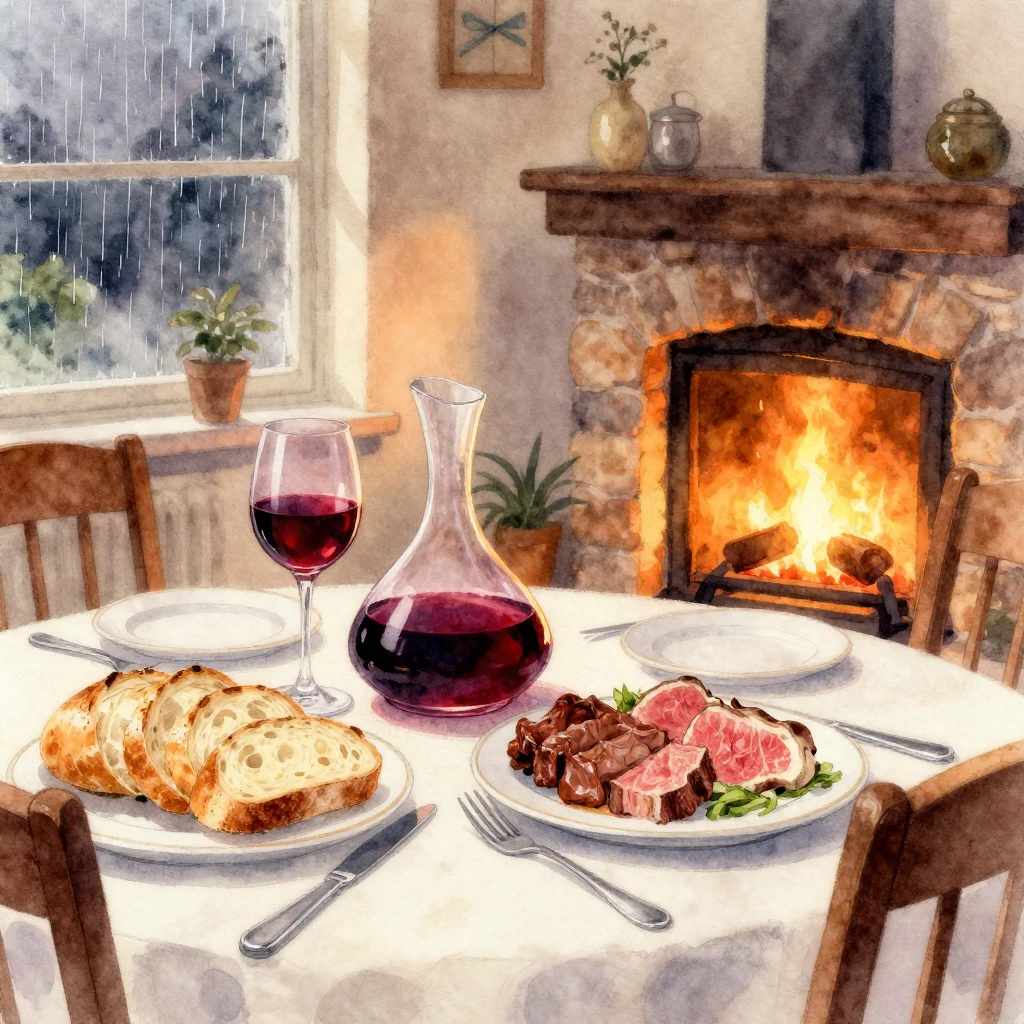 A vibrant watercolor painting depicting an intimate indoor d...