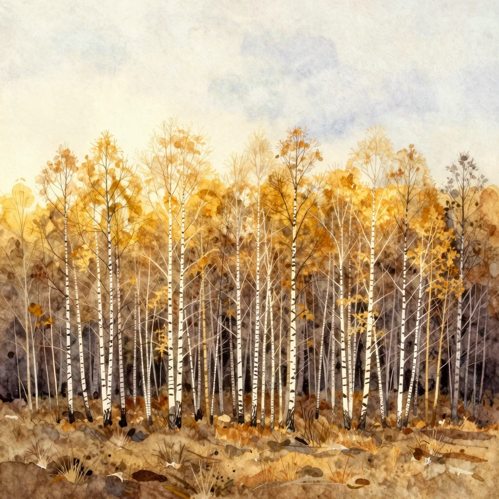 Watercolor style. A vast landscape of Russian birch forests ...