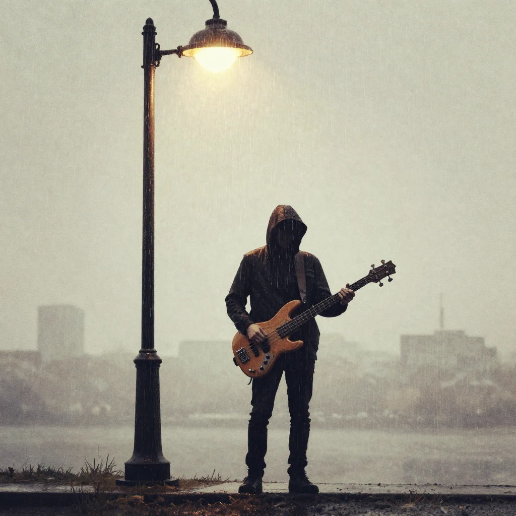 A lone, silhouetted figure holding a bass guitar stands in a...